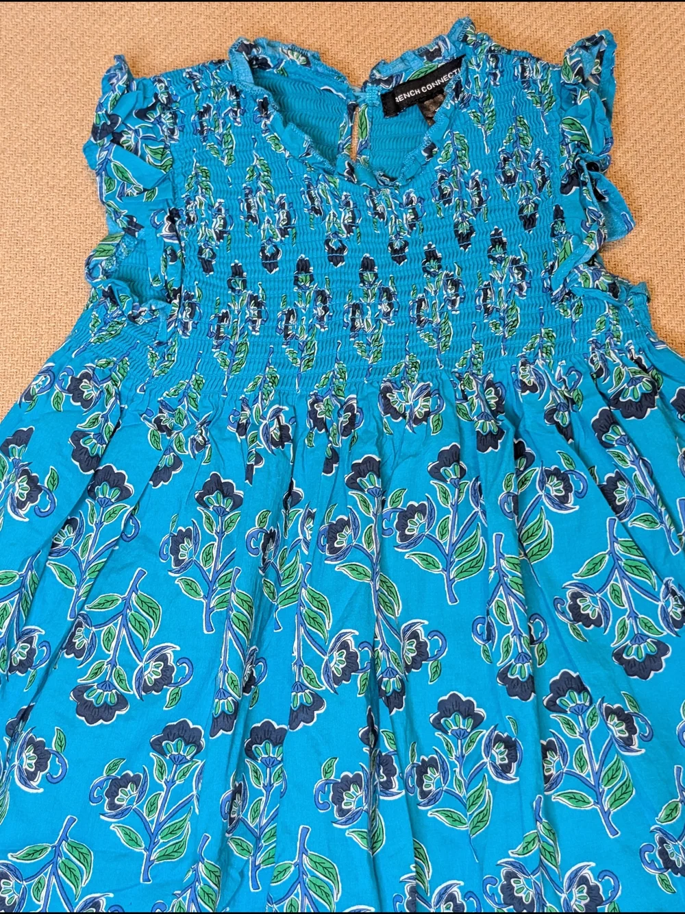 French Connection Girls Teal Blue Floral Patterned Cotton Smocked Dress